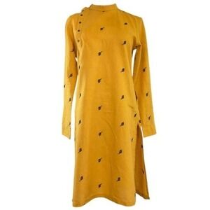 Mustard Yellow Peacock‎ Feather Embroidered Tunic Kurta Dress Side Slit Boho Med